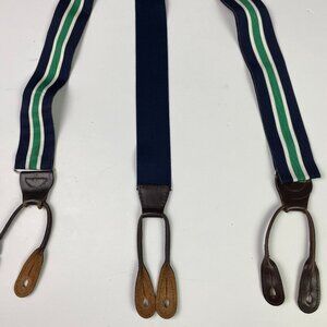 Paul Stuart Suspenders Blue Green White Stripe Solid Brass Woven Made in England